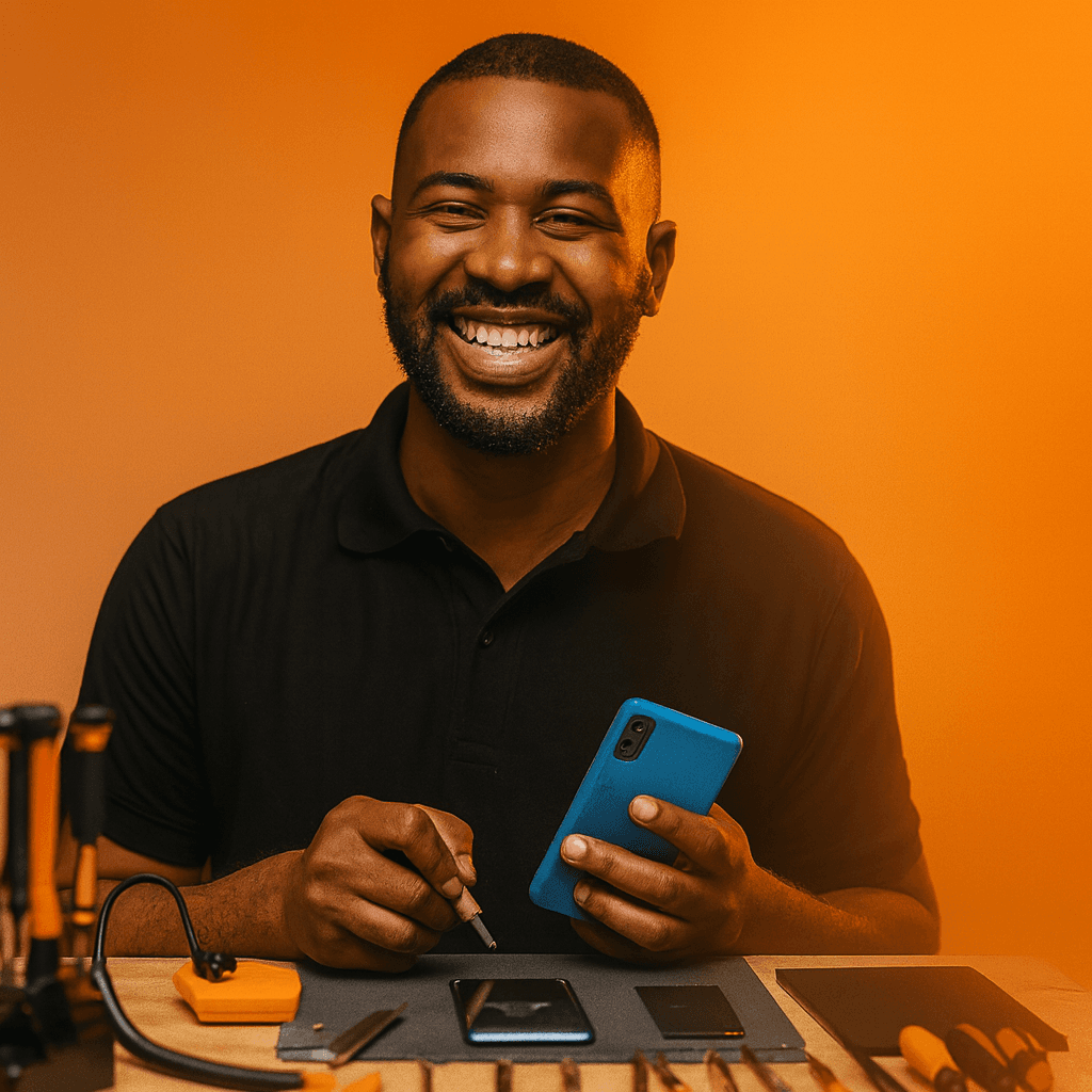 Jovem sorrindo fazendo manutenção de celular - Grupo TNX